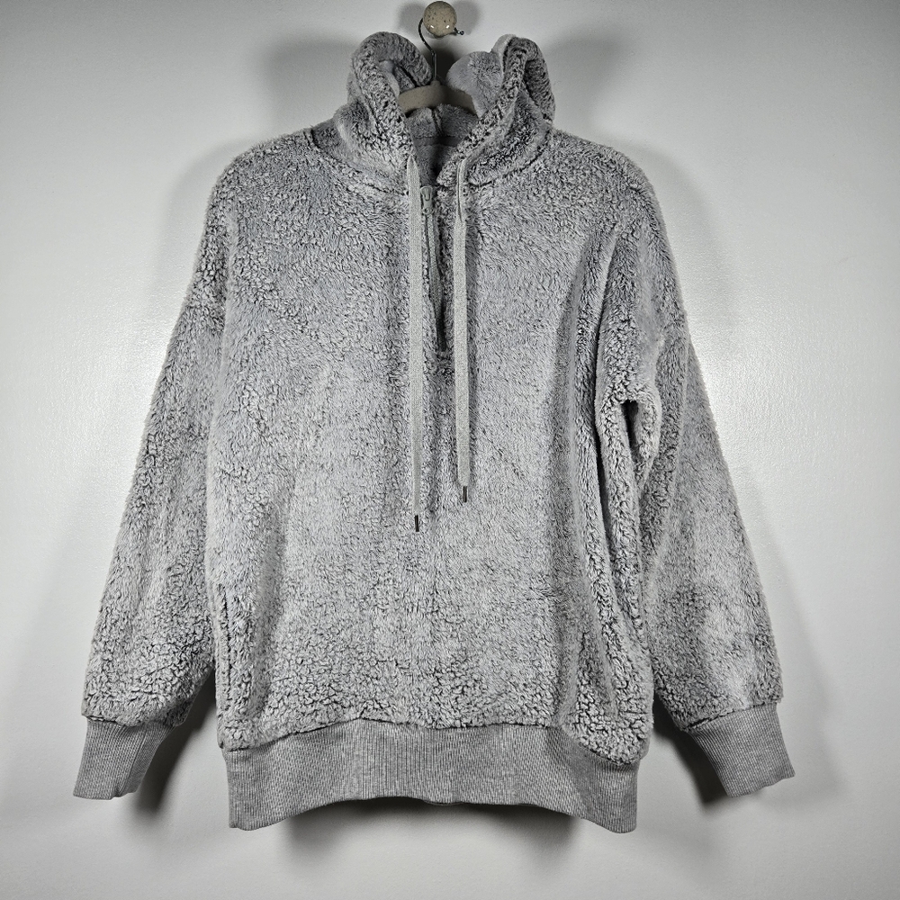 Aerie Gray Faux Fur Sherpa Cozy Comfy Fuzzy 1/4 Zip Hoodie Sweater Size Small